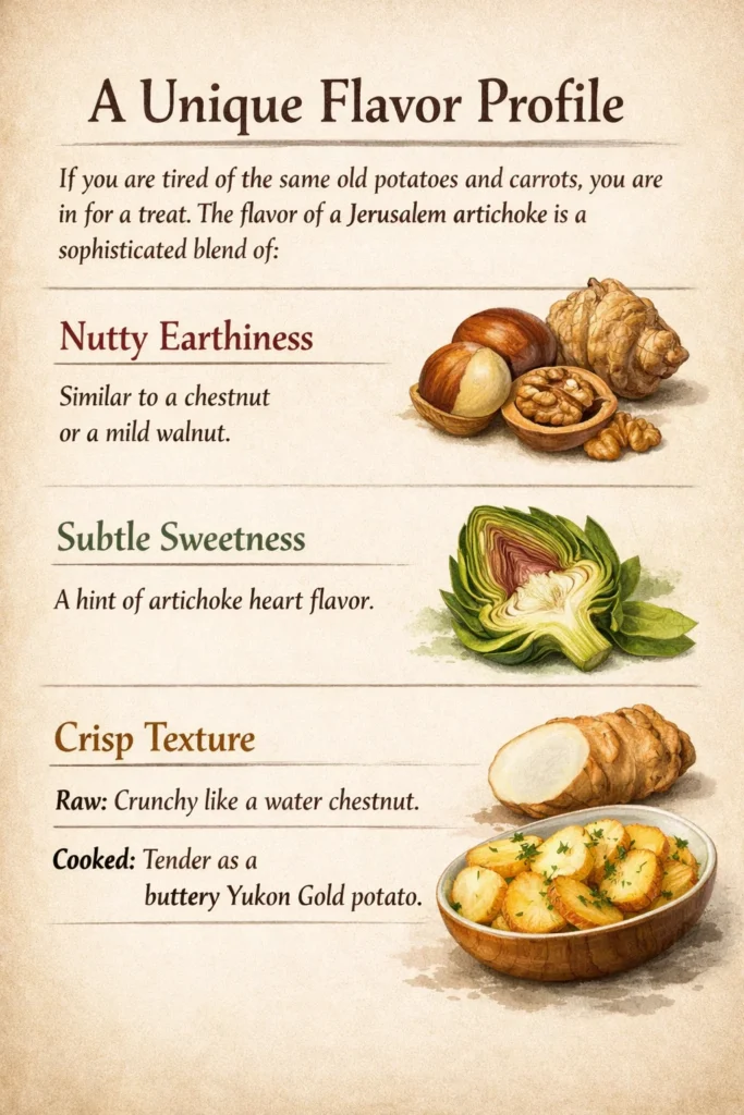 If you are tired of the same old potatoes and carrots, you are in for a treat. The flavor of a Jerusalem artichoke is a sophisticated blend of: